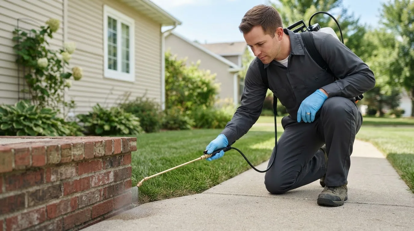 Pest control technician treating a home near Forbes, MN