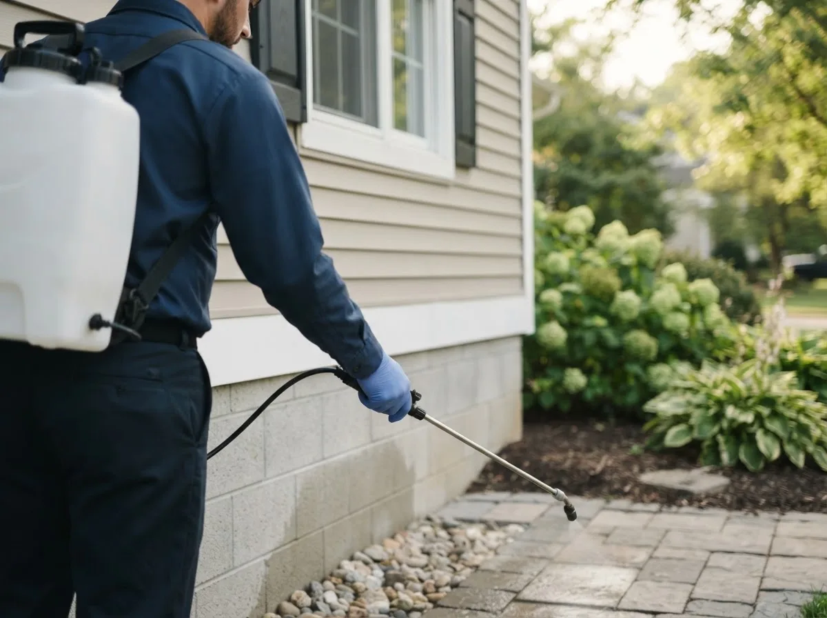 Pest control technician inspecting a home in Forbes, MN